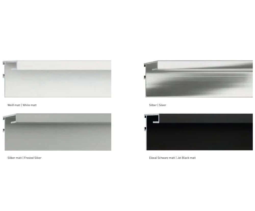Aluminum frame color options: matte white, matte silver, frosted silver, matte black for showcasing artwork.