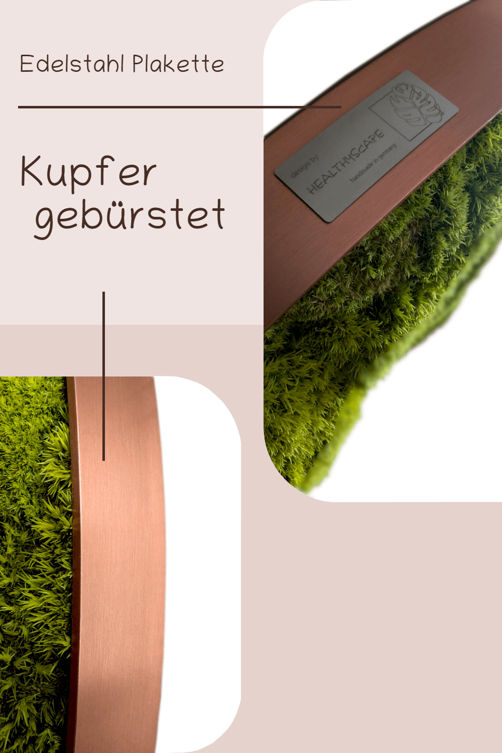 Edelstahl Plakette mit gebürstetem Kupfer und grünem Moosdetail, elegant und modern, ideale Dekoration.