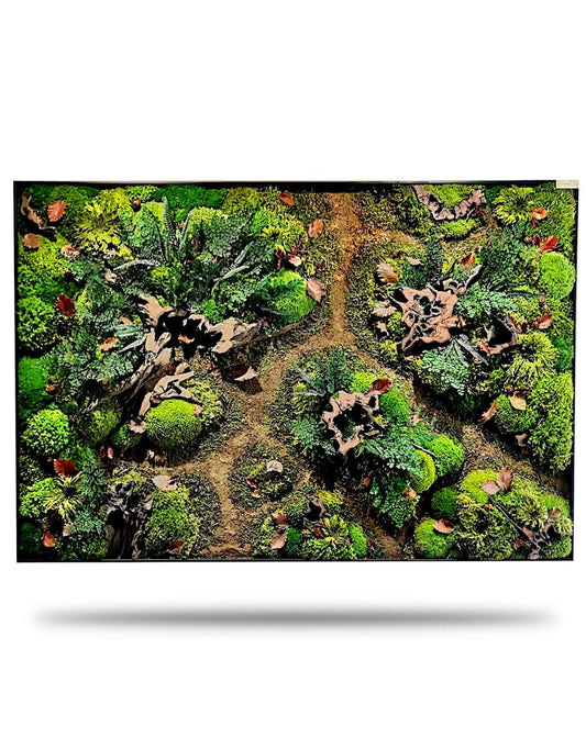 Moosbild "Waldpfade Herbst" mit echtem Moos und Wurzeln, das die Schönheit des Herbstwaldes widerspiegelt.