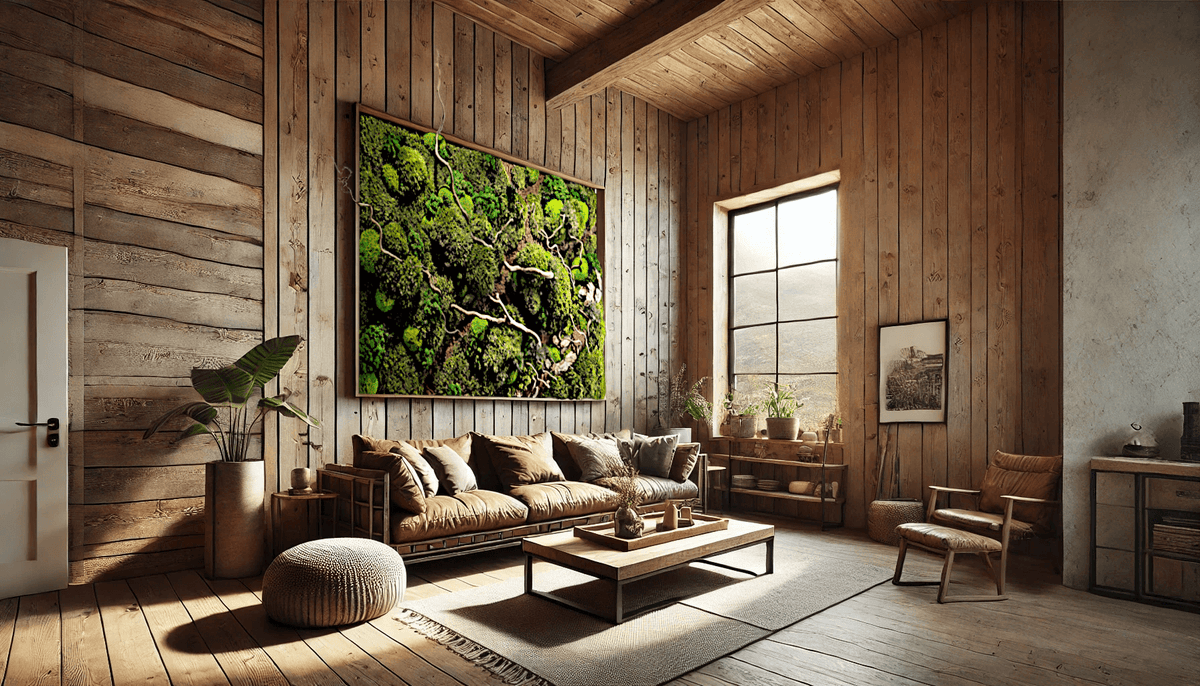 Moosbild "Waldspaziergang" mit Korkenzieher Haselzweigen in einem rustikalen Wohnzimmer.