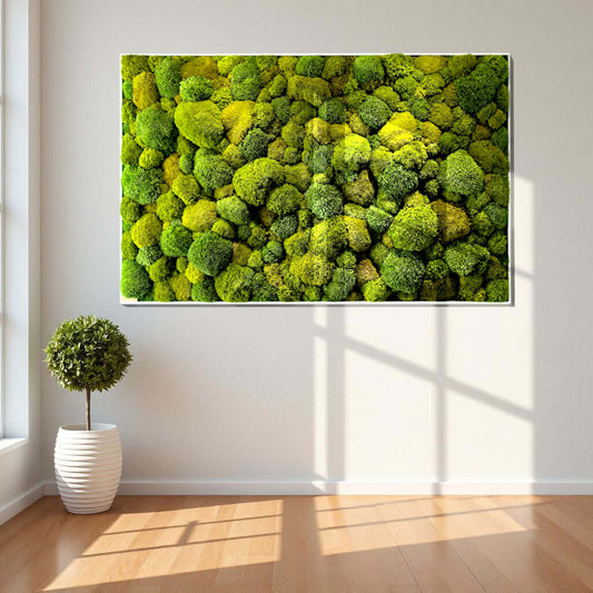 Moosbild XXL "Green Hills" in Wohnung, luxuriöse grüne Moosmix-Deko für Wohnzimmer und Küche.