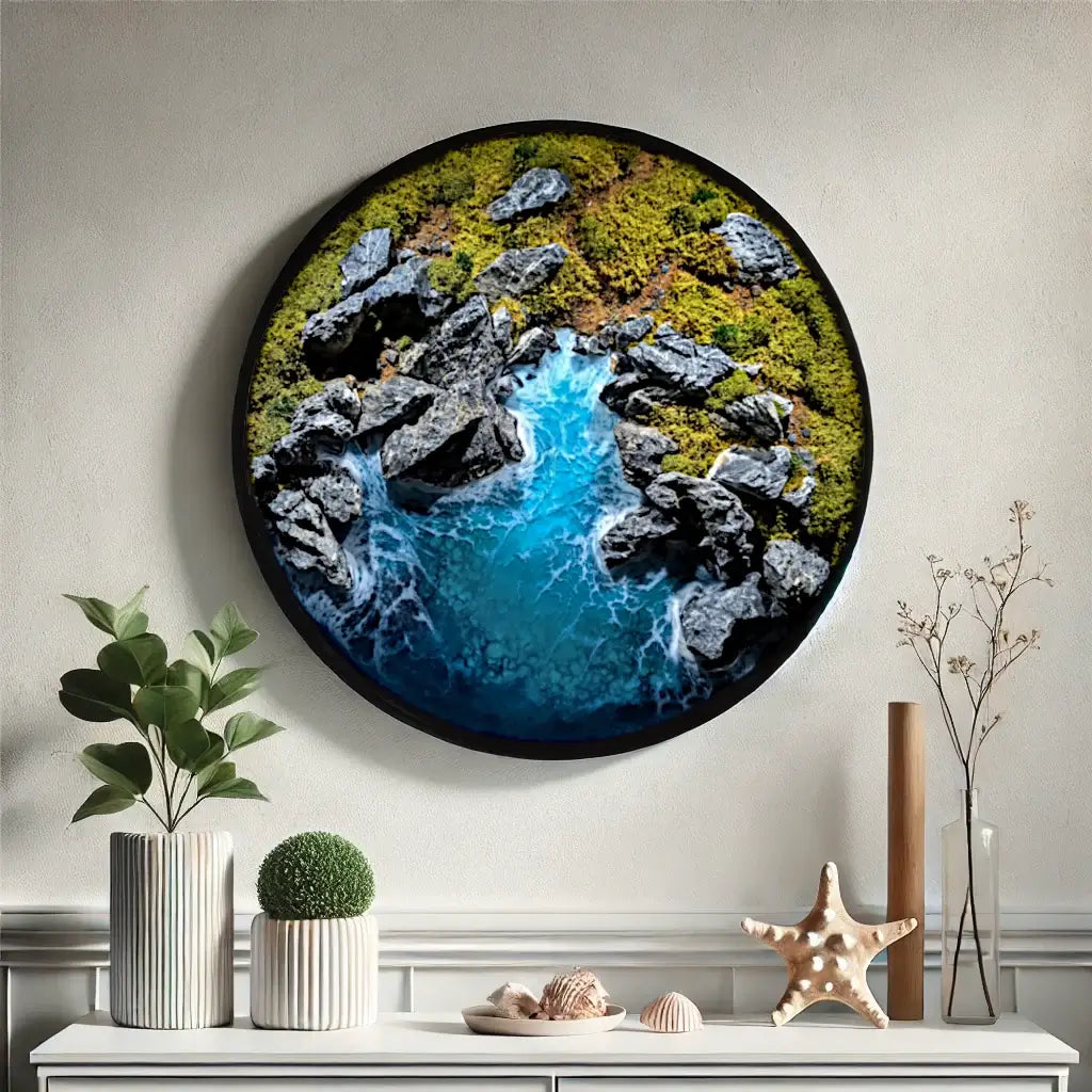 Runde Wandkunst mit skandinavischen Ozeanszenerie und Mooslandschaft, ideal für moderne Einrichtung.