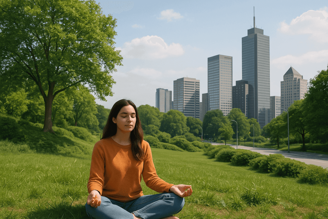 Woman meditating in a green urban park with city skyline in the background, highlighting nature's impact on mental health.