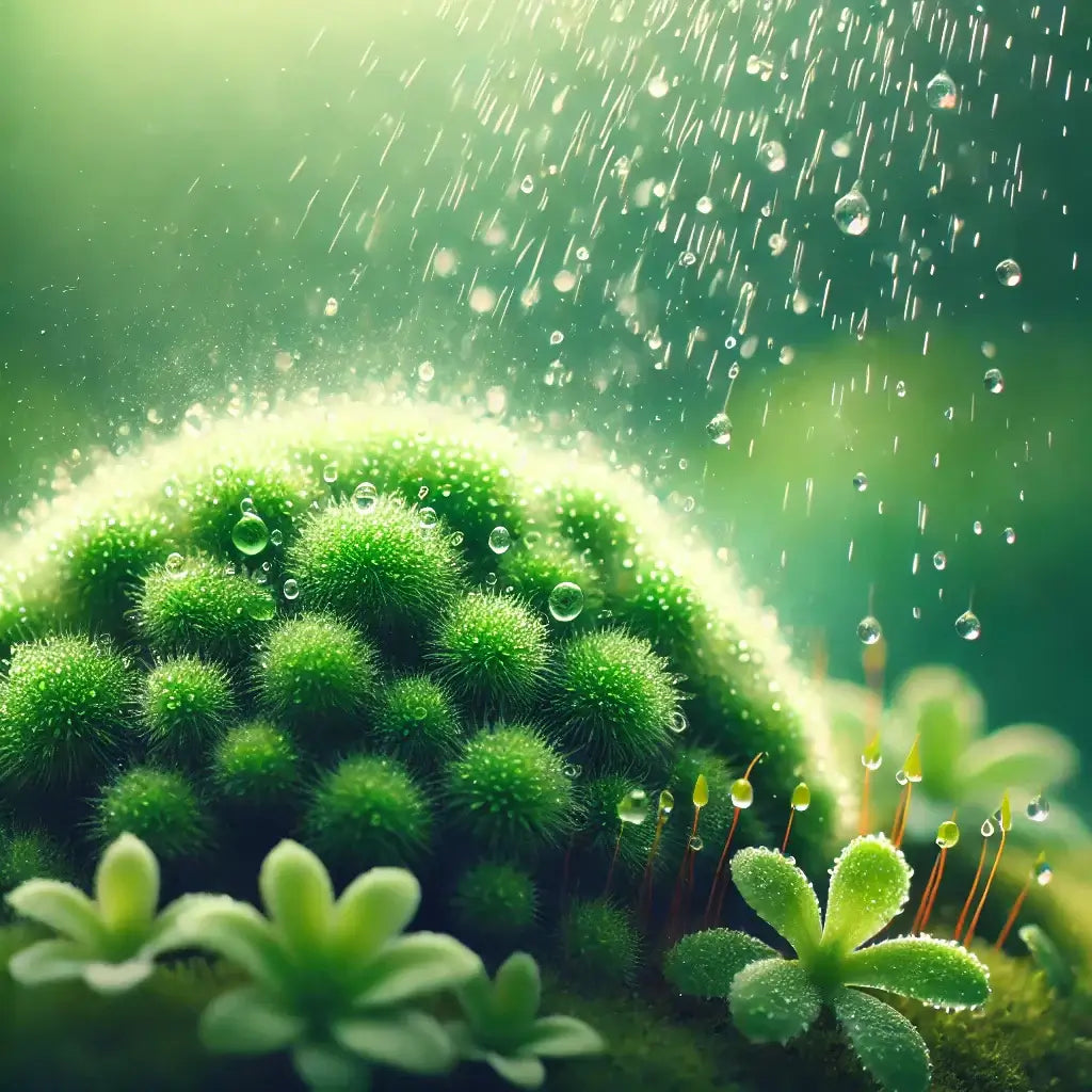 Vibrant green stabilized moss and plants glistening with water droplets in a serene, misty environment.