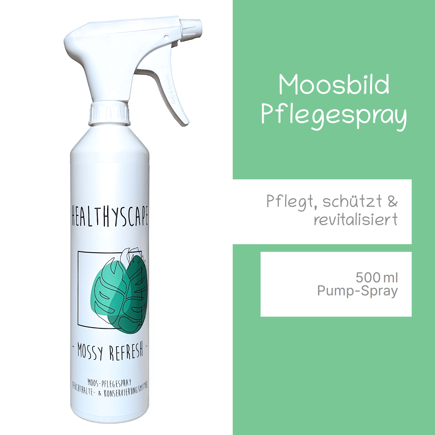 Hand holding a spray bottle labeled 'Mossy Refresh' in front of a vibrant green moss wall.