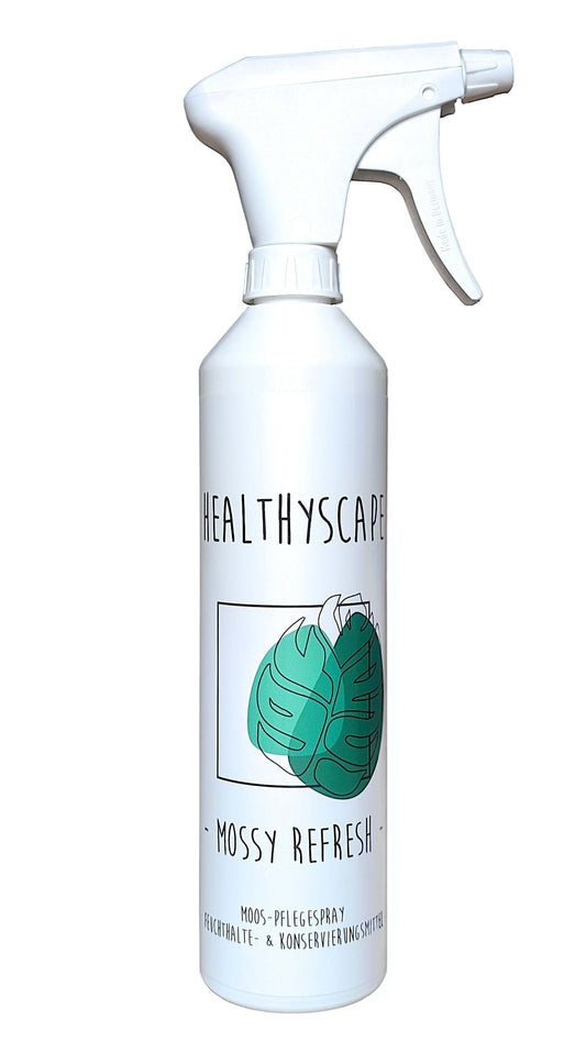 Mossy Refresh natural spray for preserved moss art, 500 ml bottle, HealthyScape brand.