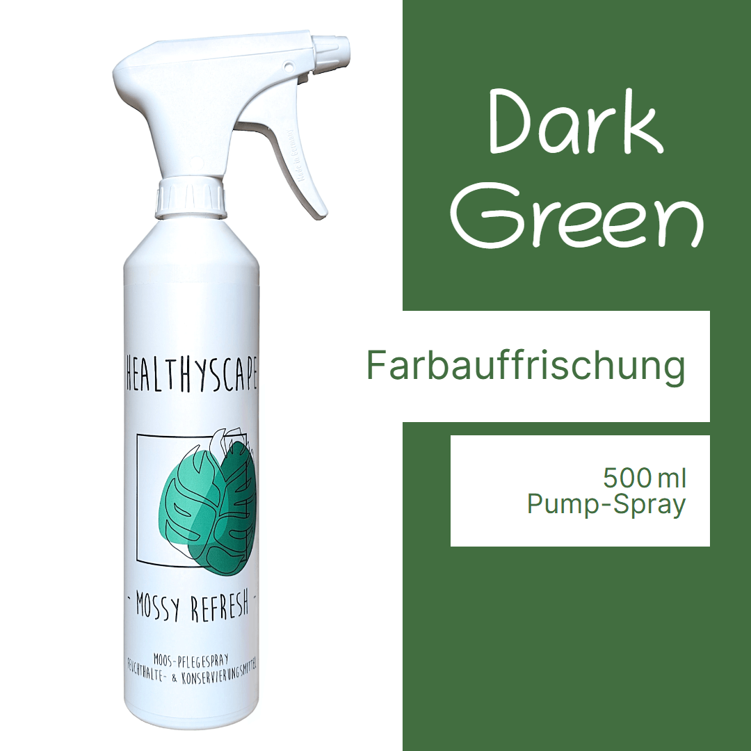 Farbauffrischung Dark Green Pflegespray Moosbilder 500ml in weißer Sprühflasche mit grünem Design.