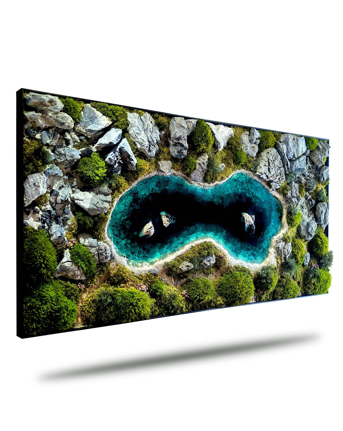 Alpiner Bergsee aus Moos Holz & Epoxidharz - Healthyscape, eine Bergseelandschaft mit Moosen und Epoxidharz.