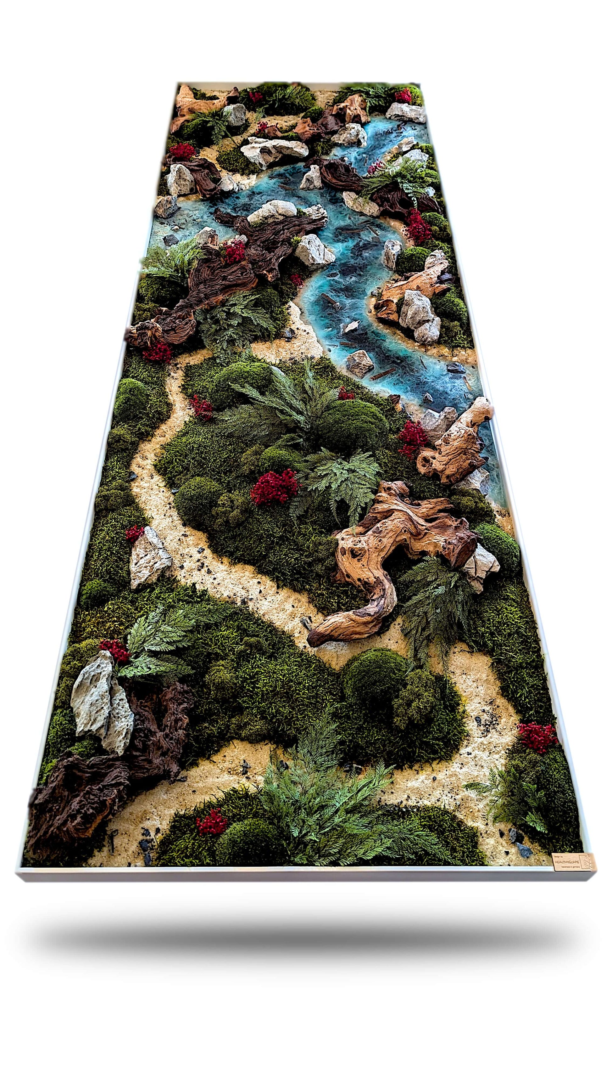 Moosbild Panorama mit Epoxidharz-Pflanzenbild Naturkunst XXL, Waldfluss mit Moosen, Mopani-Wurzeln und Seiryu-Steinen.