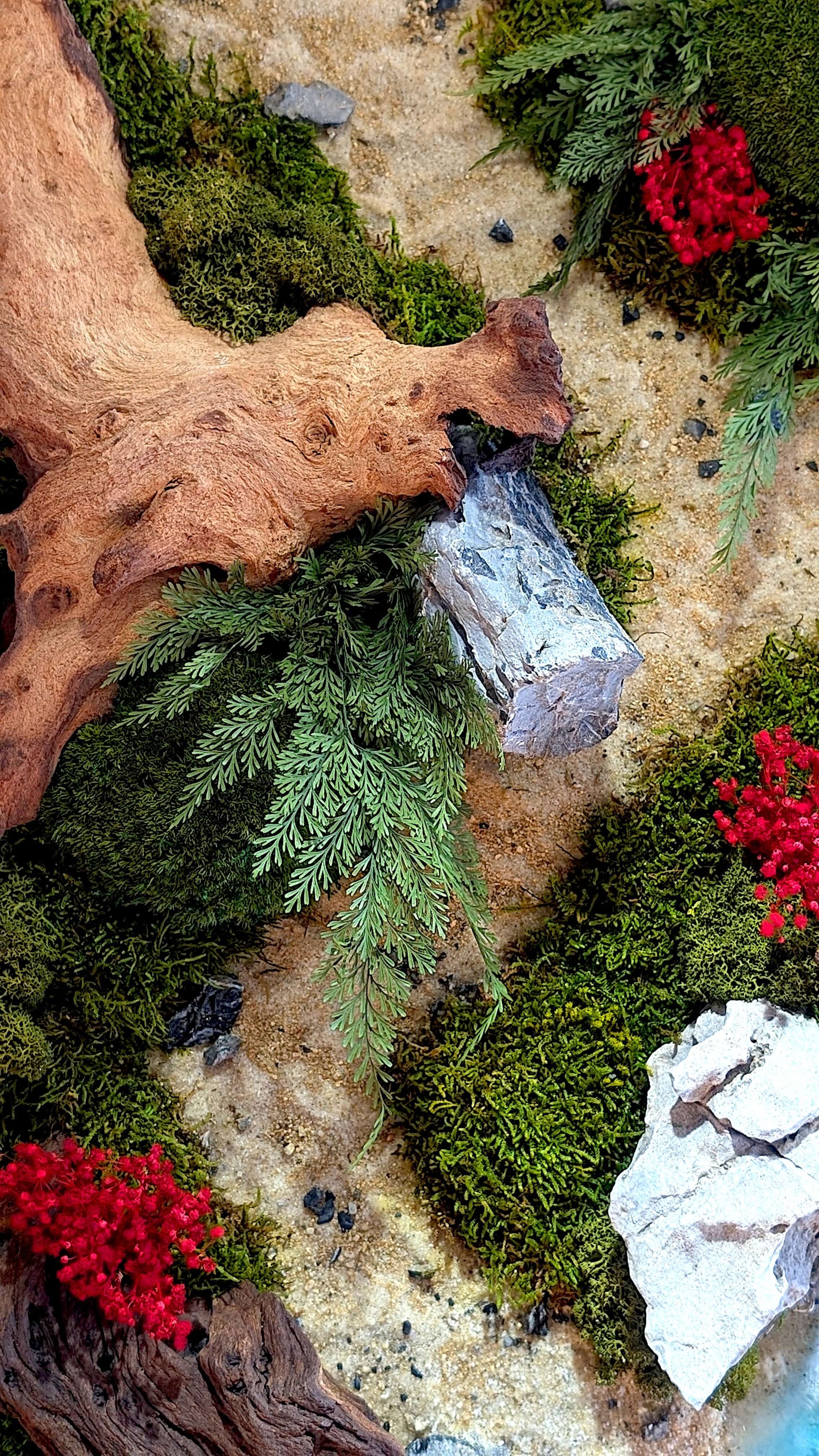 Moosbild Panorama mit Epoxidharz-Pflanzenbild Naturkunst XXL mit stabilisierten Moosen und roten Aronia-Sträuchern.