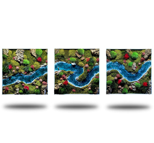 Wild River – Handmade Moss Picture with Epoxy Resin Flow, Roots & Natural Stones