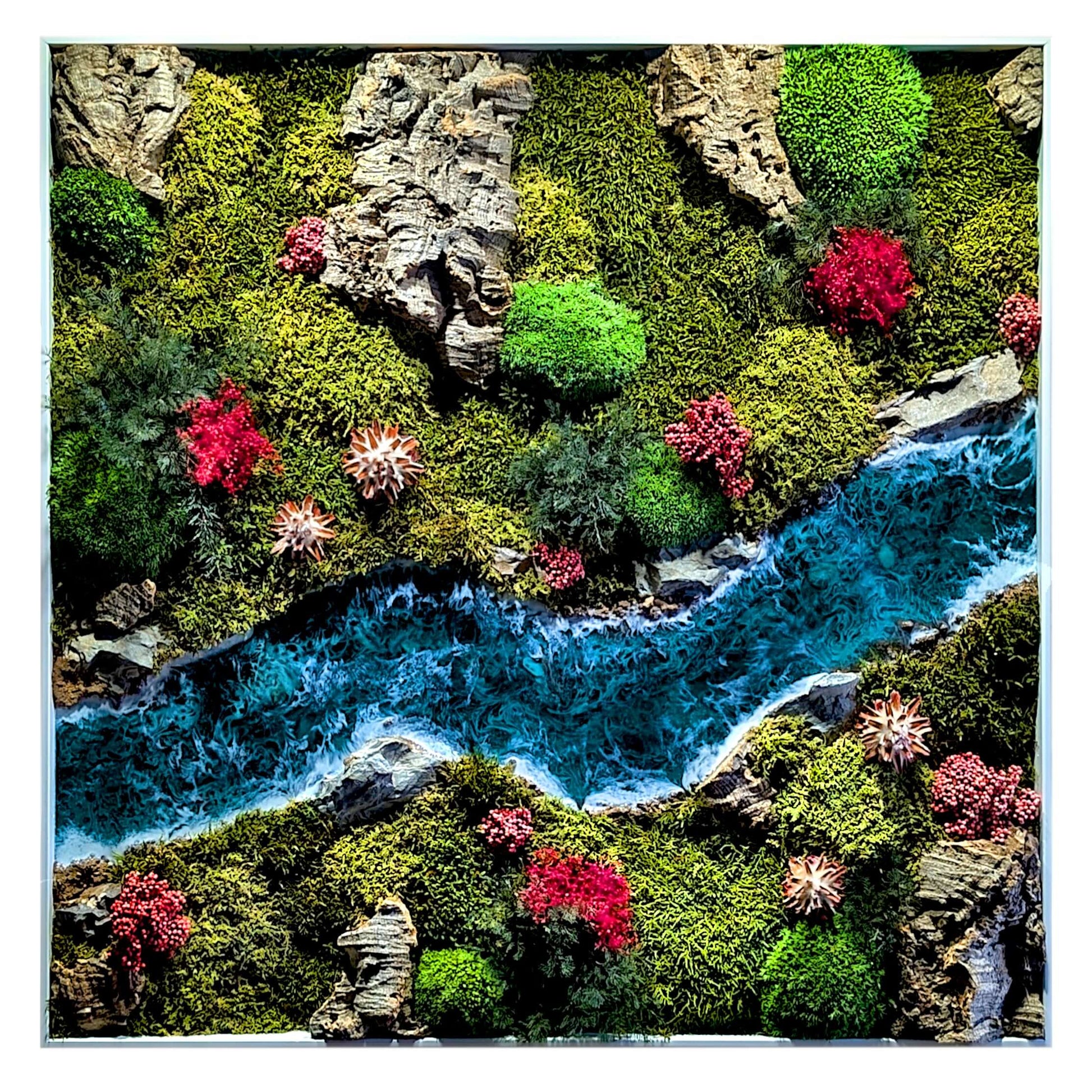 Moosbild 3er Set mit Epoxidharz-Fluss & natürliche Korkrinde, handgefertigte Naturkunstwerke mit buntem Moos und Epoxidharz.