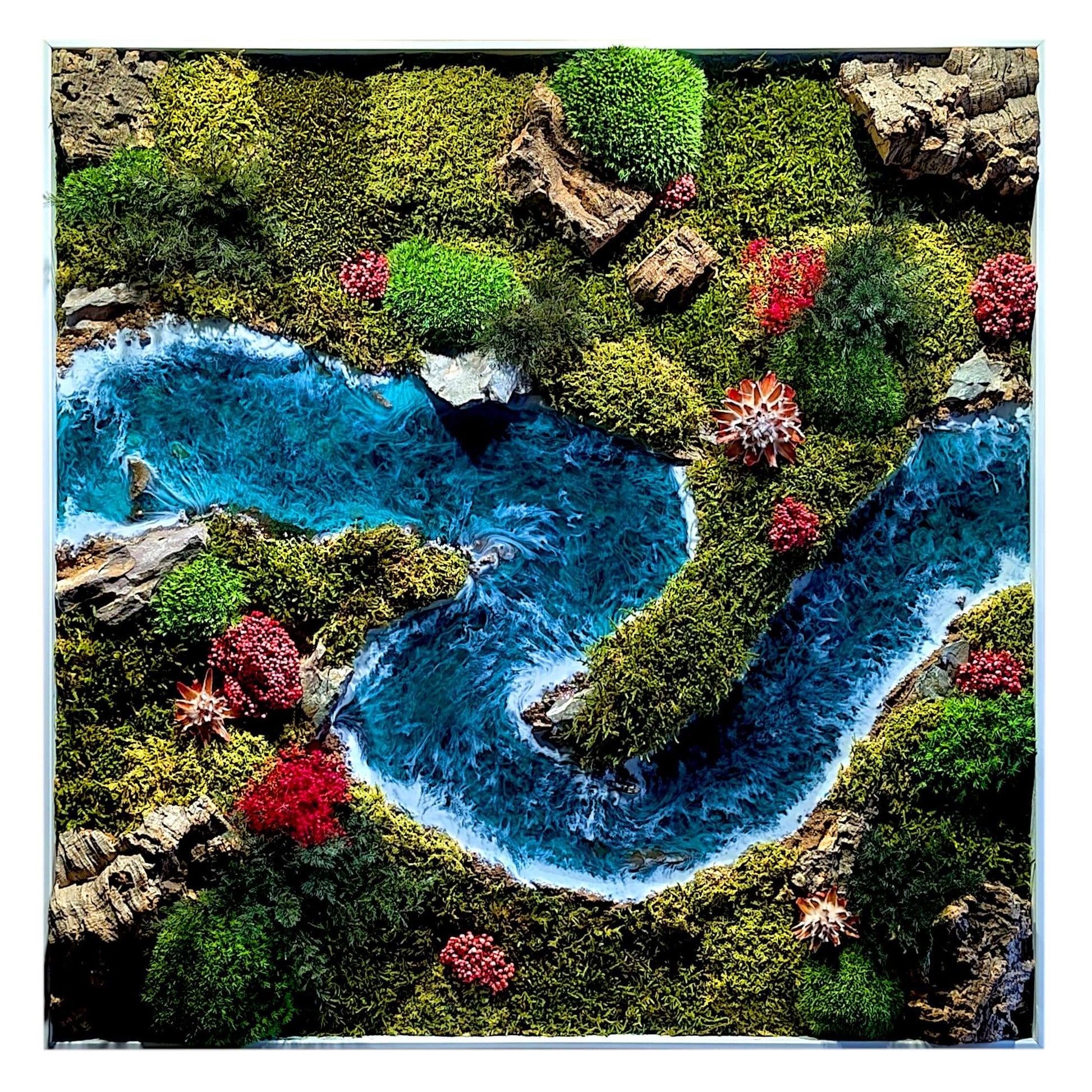 Moosbild 3er Set mit Epoxidharz-Fluss & natürliche Korkrinde, handgefertigt mit stabilisierten Moosen.