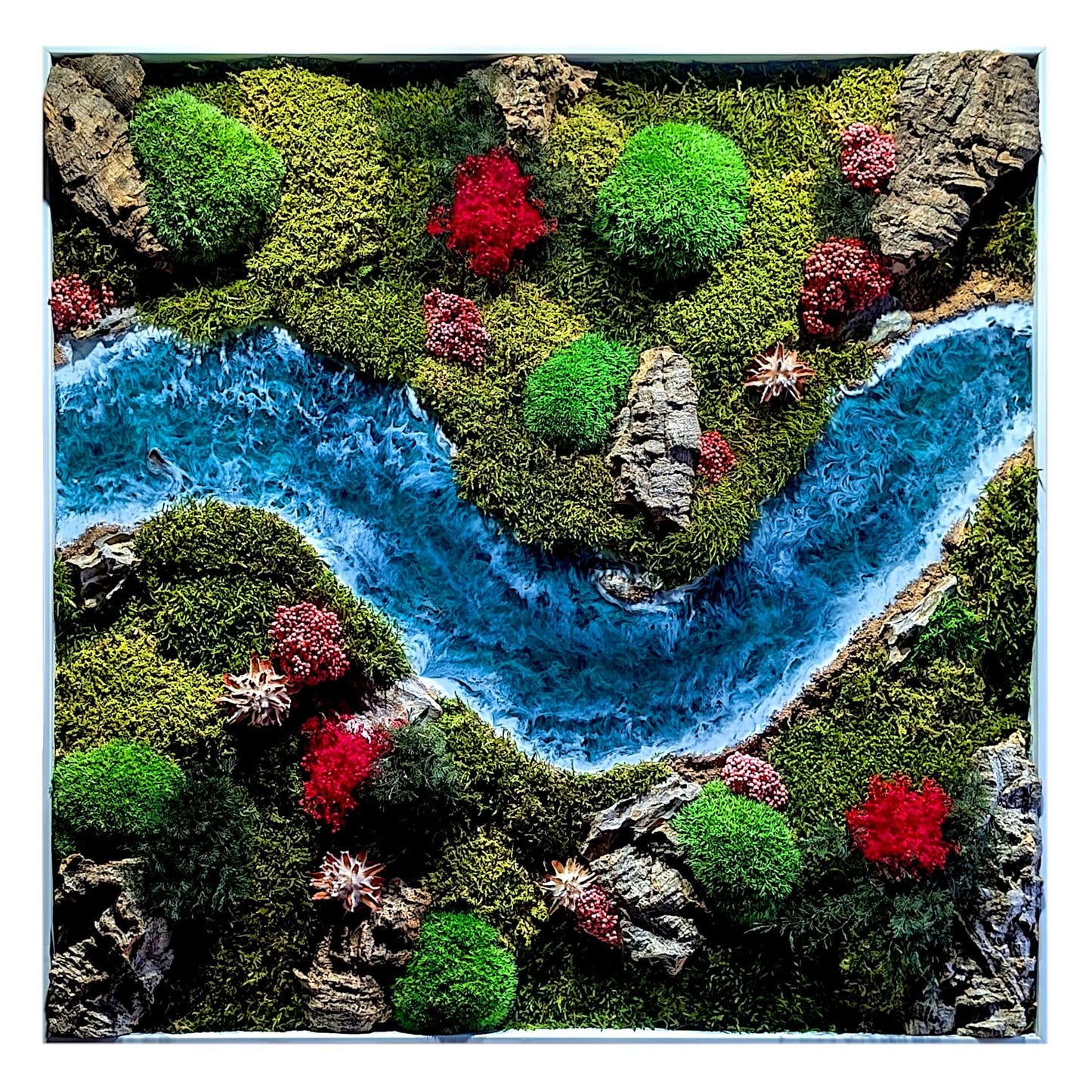 Moosbild 3er Set mit Epoxidharz-Fluss & natürliche Korkrinde, handgefertigte Naturkunstwerke mit Moos und Korkrinde.