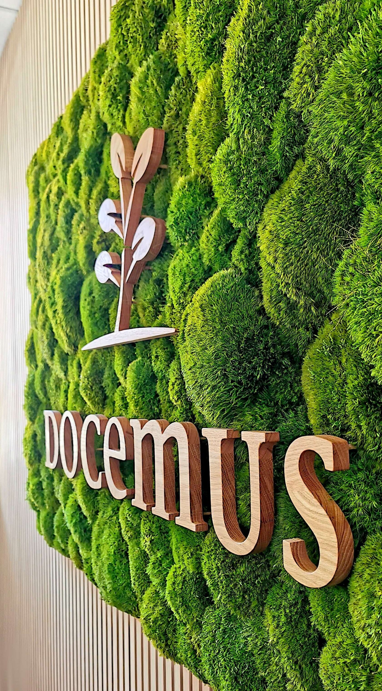 Provence Moosbild mit Firmenlogo aus Echtholz an einer Akustikpaneele Holzwand