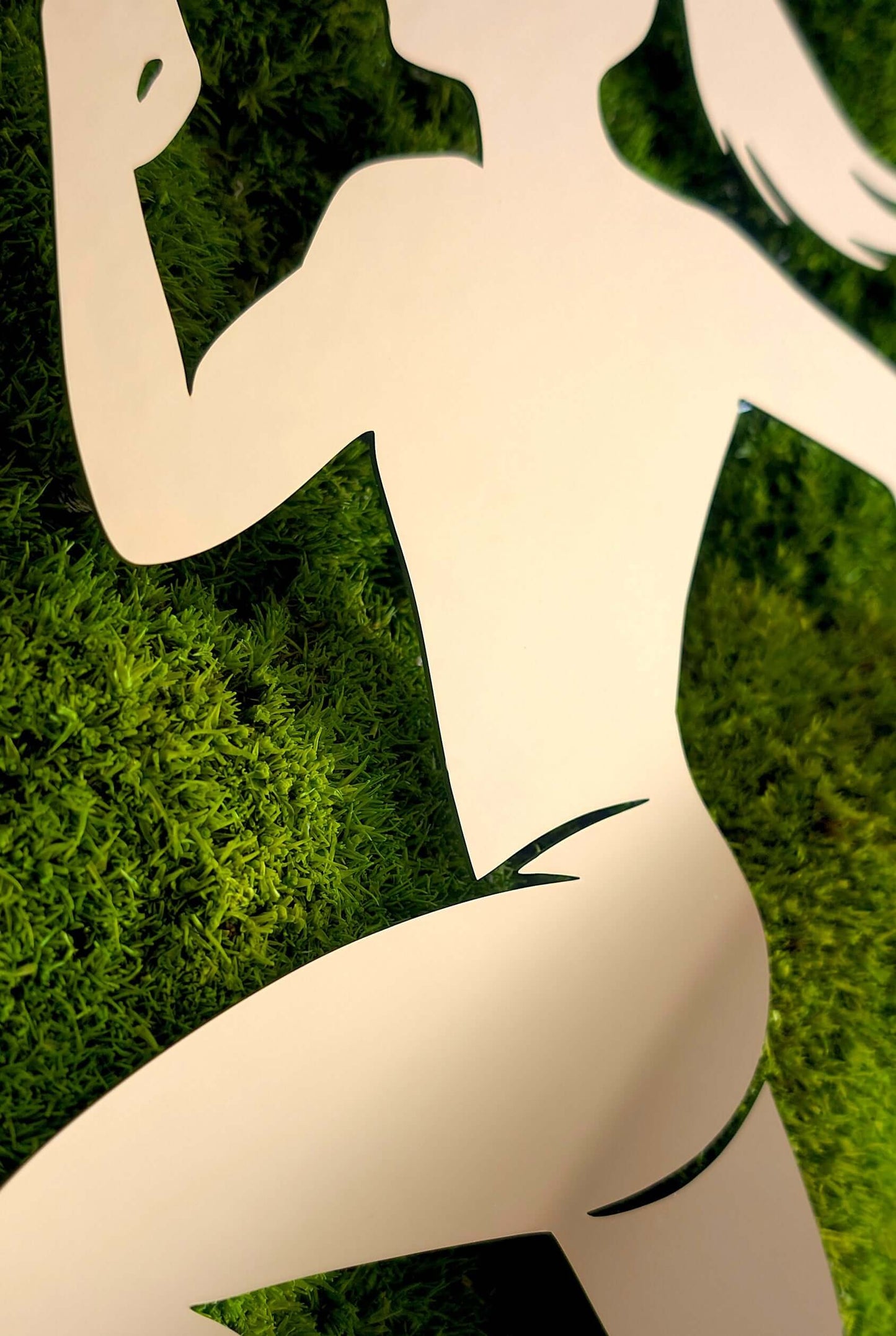 Moosbild mit Firmenlogo aus Metall, silhouette einer laufenden Person auf grünem Mooshintergrund.