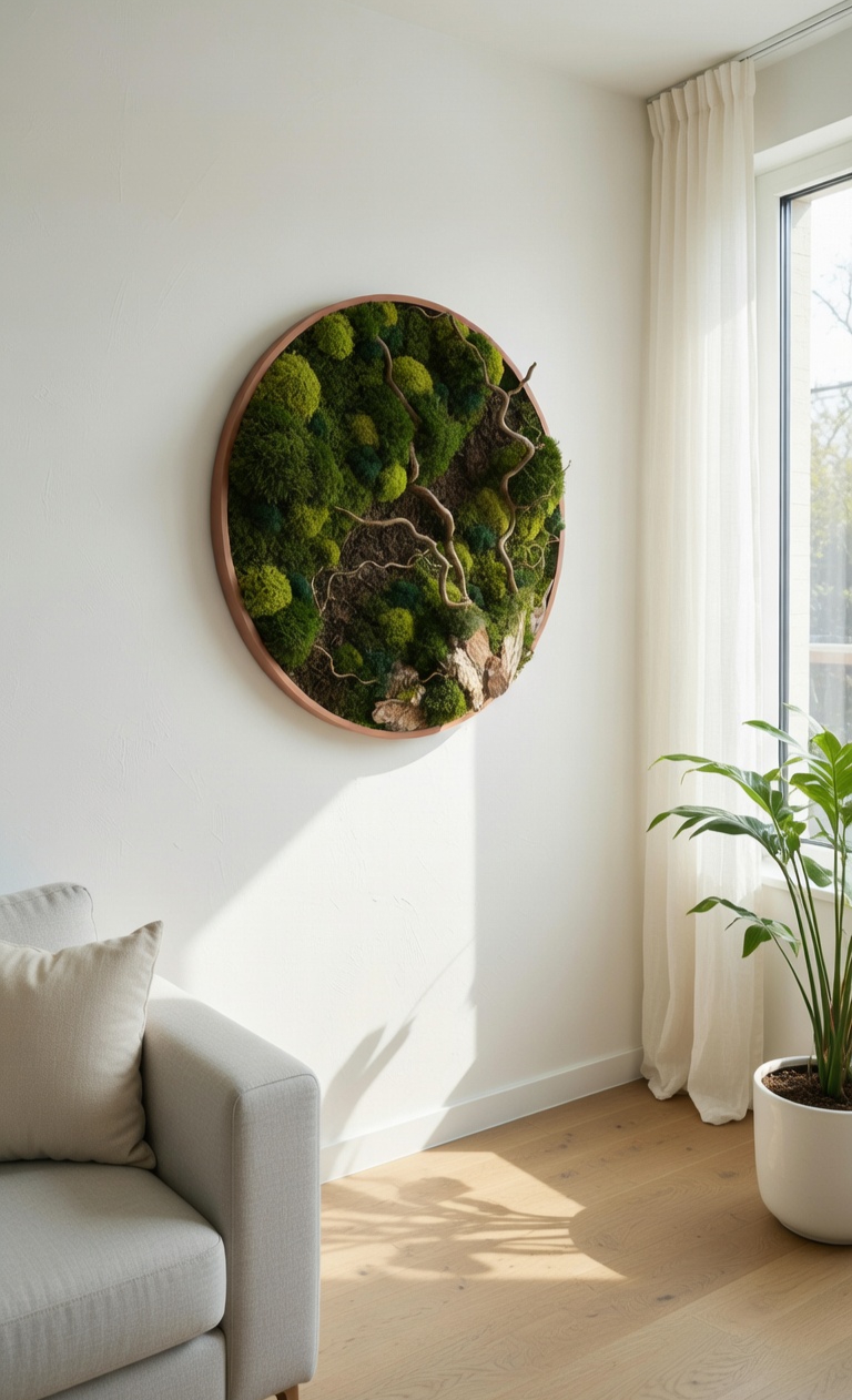 Rundes Moosbild Waldspaziergang mit Korkenzieher-Haselzweigen in modernem Wohnraum.