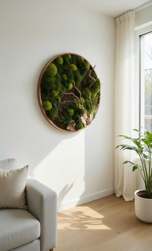 Rundes Moosbild Waldspaziergang mit Korkenzieher-Haselzweigen in modernem Wohnraum.