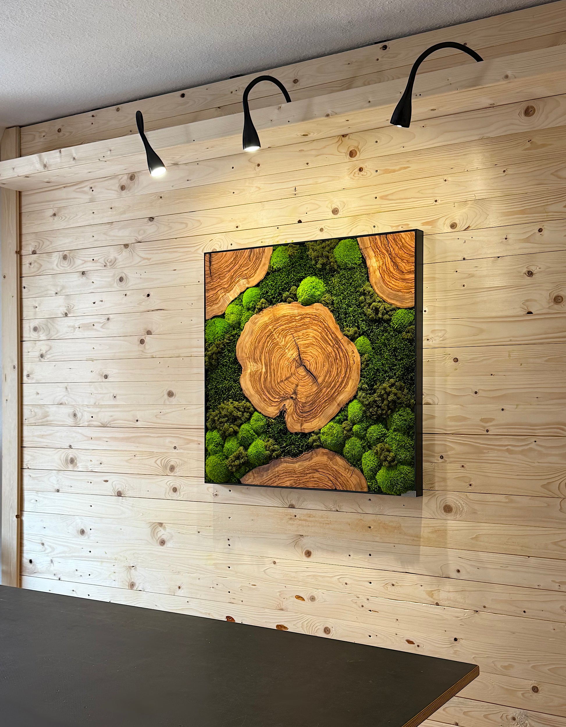 Moosbild mit Olivenholz-Baumscheibe | Natürliches Wandbild aus Holz über einem Tisch an einer Holzwand.