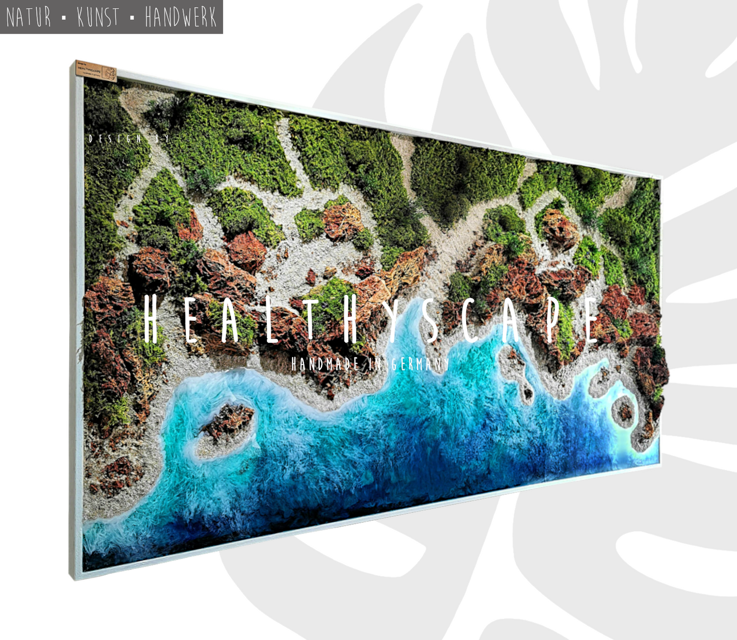 Image de mousse d’œuvre d’art en résine époxy sur mesure 'Portugal Algarve' - Art mural fait à la main avec de la résine et de vraies pierres