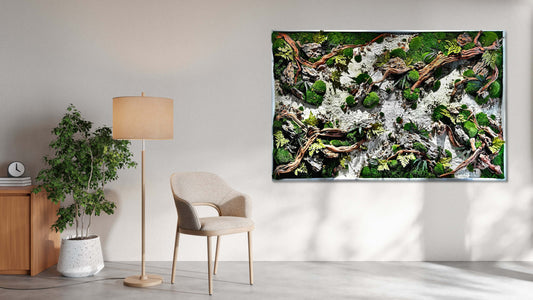 Moosbild Holzbild "Dried Riverbed" mit echtem Moos, Holz und Steinen im modernen Wohnraum