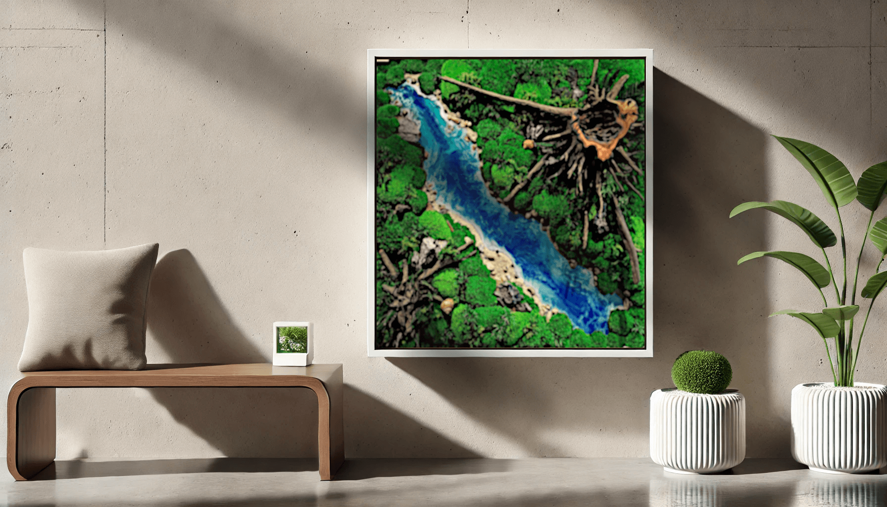 Handgefertigtes Moosbild "Forest River" - Wandkunst mit Flusselementen und Wurzeln, ideal für natürliche Dekoration.