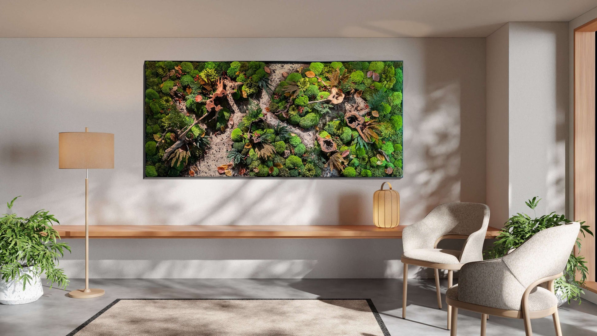 Moosbild 'Waldpfade Herbst' mit echten Wurzeln im modernen Raumdesign, bringt Natur ins Zuhause.