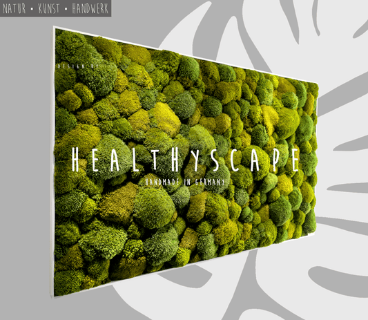 Moosbild XXL "Healthyscape" in lebendigen Grüntönen, handgefertigt in Deutschland, ideal für Wohnräume.