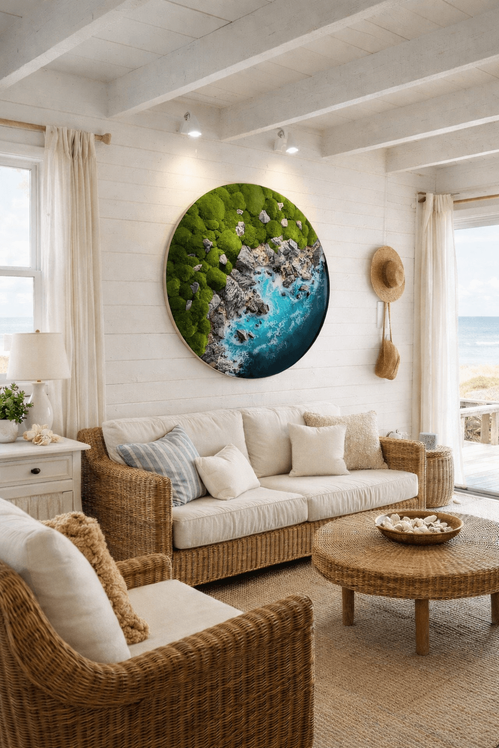Tableau de mousse maritime « Nouvelle-Zélande » : art naturel avec de vraies pierres et une touche océanique