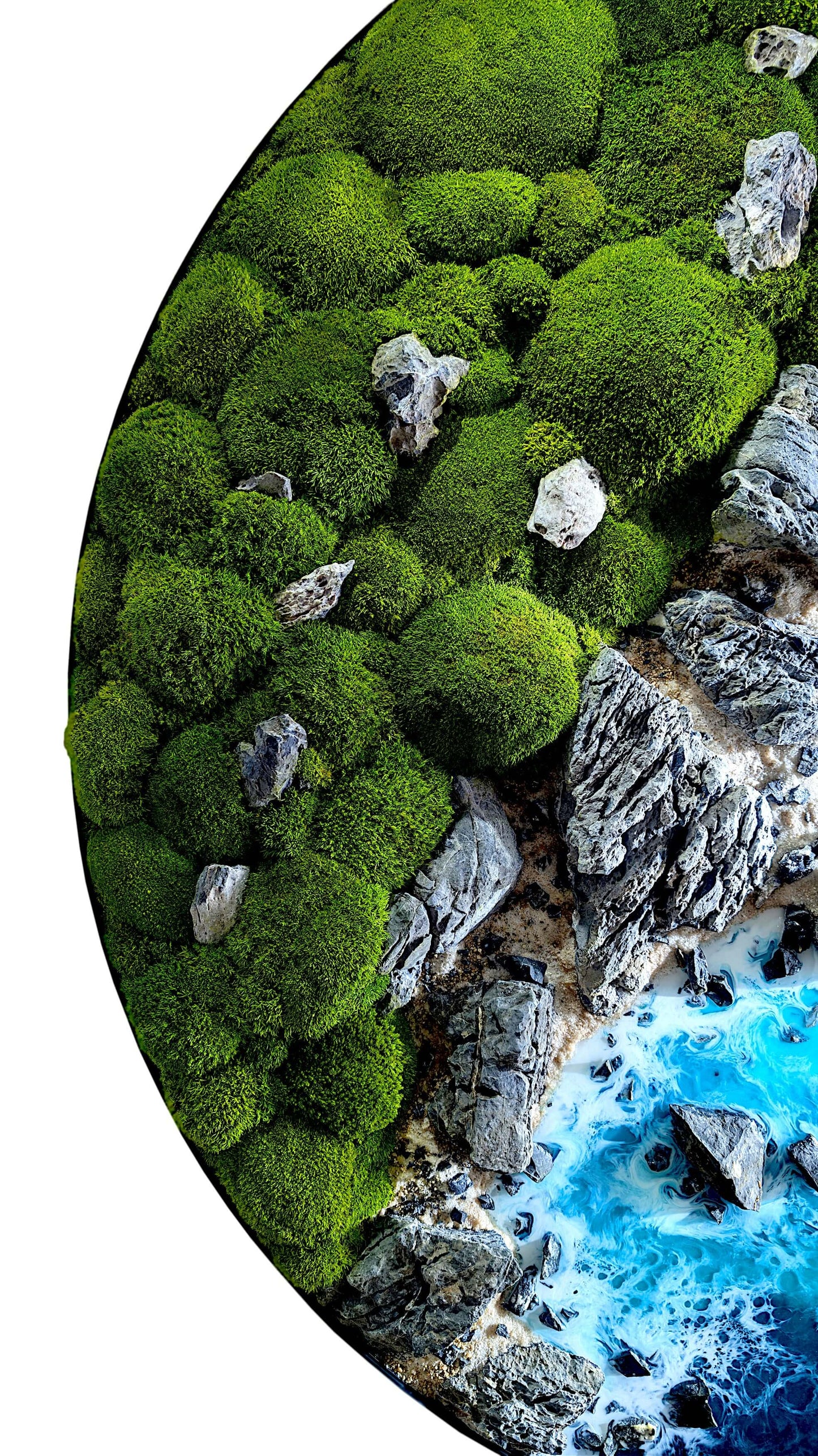 Tableau de mousse maritime « Nouvelle-Zélande » : art naturel avec de vraies pierres et une touche océanique