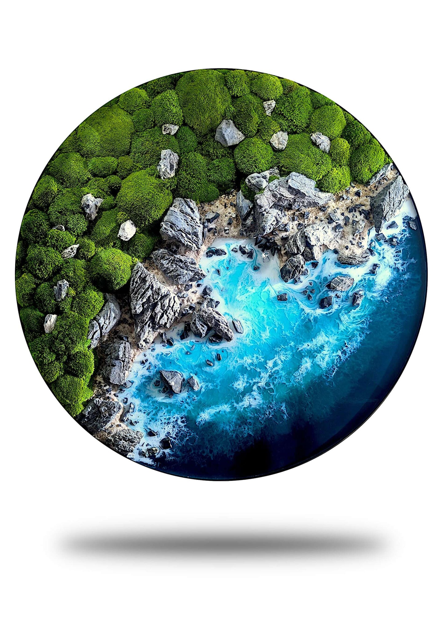Tableau de mousse maritime « Nouvelle-Zélande » : art naturel avec de vraies pierres et une touche océanique