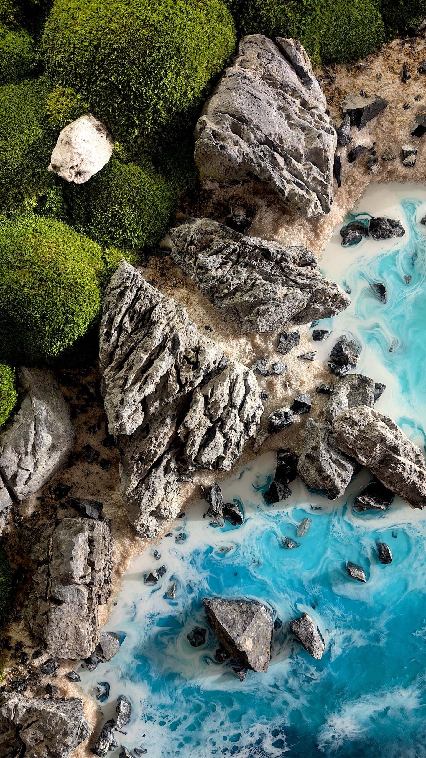 Tableau de mousse maritime « Nouvelle-Zélande » : art naturel avec de vraies pierres et une touche océanique